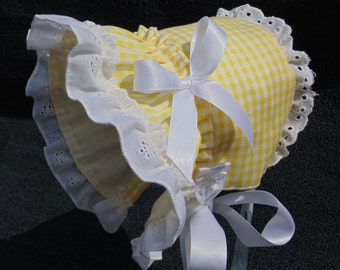New Handmade Yellow Gingham with White Cotton Eyelet Lace Baby Sun Bonnet