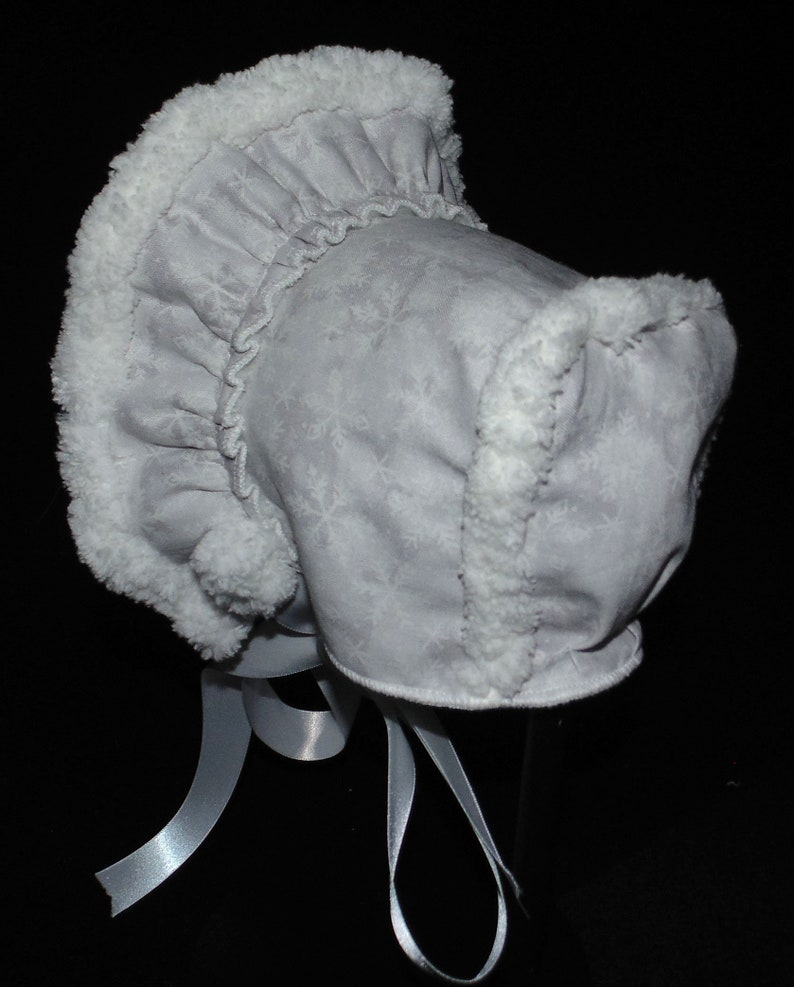 New Handmade White Snowflakes Sherpa Lined Baby Bonnet