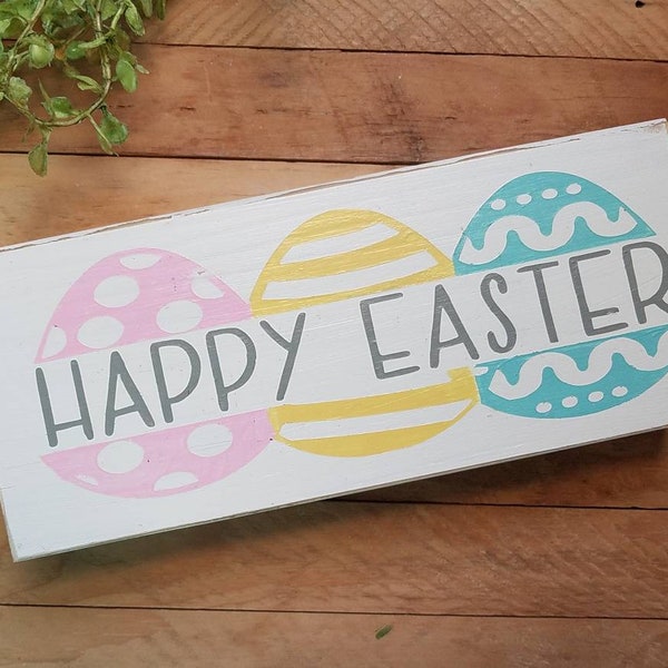 Happy Easter Small Wood Sign, Pastel Easter Eggs Sign, Easter Decor, Spring Decor, Easter Entry Sign, Rectangle Sign for Shelf, Easter Gift