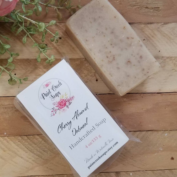 Cherry Almond Oatmeal Exfoliating Handmade Soap, Bulk Handcrafted Rustic Soap, Cold Process Soap with Oatmeal and Almond Butter, Bar Soap