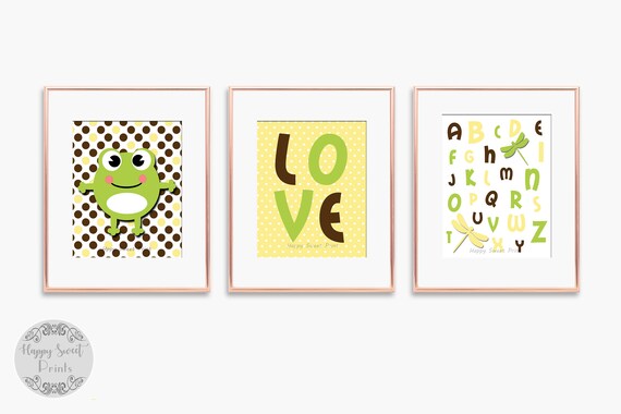 Set Of 3 Nursery Frog Printbrown Yellow Green Baby Wall Art Etsy