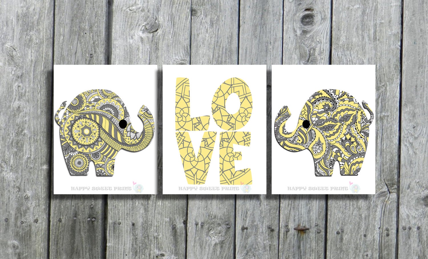 Yellowgray boho baby wall decorNursery printelephant Etsy