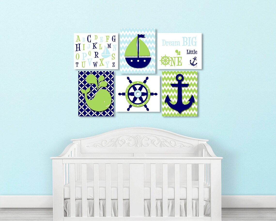 Set Of 6 Nautical Nursery Wall Prints Whale Crib Bedding Etsy