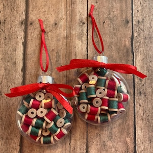 Glass Mini Spool Ornament, Wooden Spool Christmas Decoration, Seamstress Present, Finished