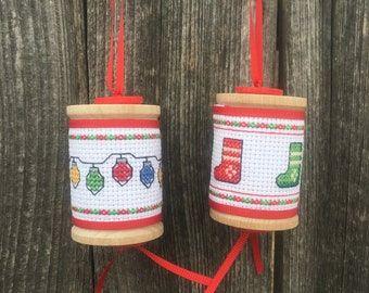 Cross Stitch Spool Christmas Ornaments, Holiday Tree Decor, Gift for Her, Unique Christmas Ornament, Finished