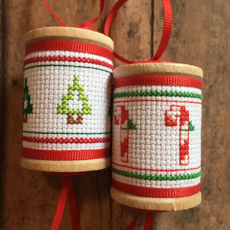 Wooden Spool Cross Stitch Christmas Ornament Folk Art Tree Etsy