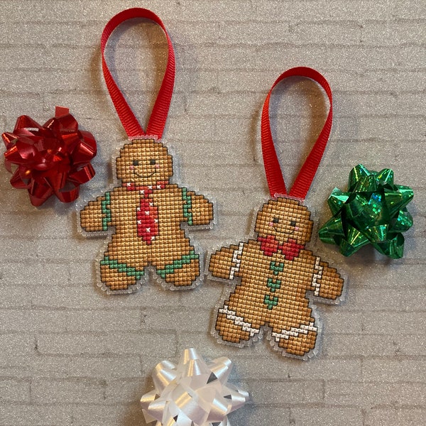 Gingerbread Cross Stitch Christmas Ornament, Plastic Canvas Tree Decoration, Set of 2, Finished