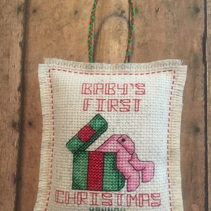 Personalized Baby’s First Christmas Cross Stitch Ornament, Newborn Tree Decoration, Gift for Baby Shower, Keepsake Present