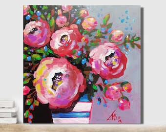 Peinture pivoine oeuvre d'art florale originale toile tendue acrylique bohème peinture personnalisée 12" par 12" par ArtMadeIra