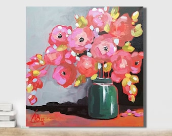 Pivoine, oeuvre d'art florale originale, peinture acrylique, toile tendue sur toile, bohème, 12 x 12 po. par ArtMadeIra