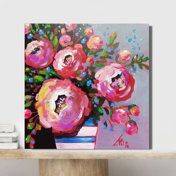 Peinture pivoine oeuvre d'art florale originale toile tendue acrylique bohème peinture personnalisée 12" par 12" par ArtMadeIra