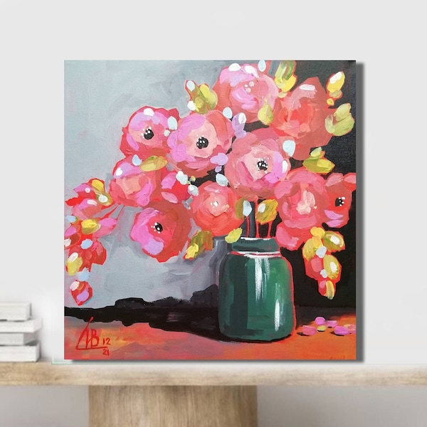 Pivoine, oeuvre d'art florale originale, peinture acrylique, toile tendue sur toile, bohème, 12 x 12 po. par ArtMadeIra