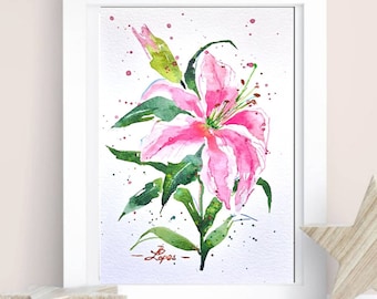 Lily Painting Floral Original Art Birth Month Flower Small Watercolor Artwork 8" by 6" by ArtMadeIra