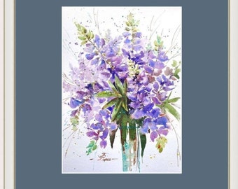 Lupin Pintura Floral Arte Original Purple Bluebonnets Acuarela Obra 8" por 12" por ArtMadeIra