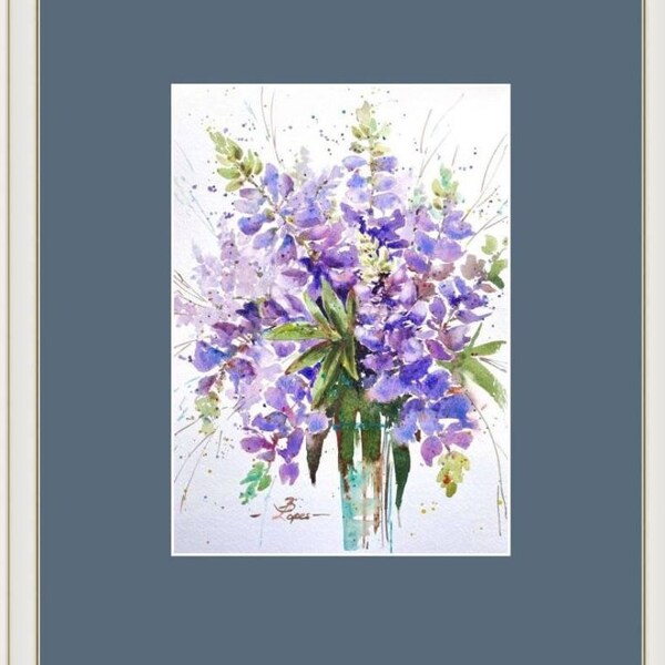 Lupin, peinture florale originale, bonnets bleus violets, oeuvre d'art aquarelle 20 x 30 cm par ArtMadeIra
