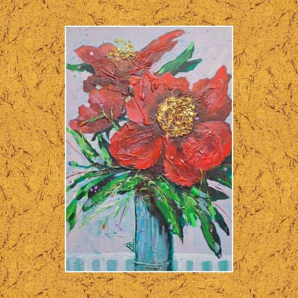 Peinture pivoine Oeuvre d'art florale originale Art mural fleur rouge Art en carton acrylique 20 x 30 cm par ArtMadeIra