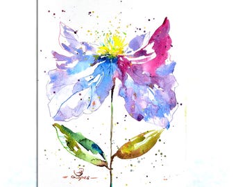 紫色の花の水彩画 19x13 オリジナルアートワーク カラフルな花のアート