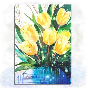 Tulipano giallo originale dipinto ad acquerello piccola opera d'arte fatta a mano fiore del mese di nascita 6x8" di ArtMadeIra
