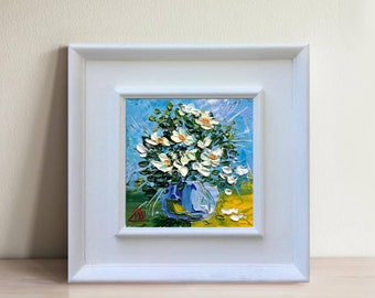 Daisy Painting Floral Original Artwork Geboortemaand Bloem Klein 3D Olieverfschilderij 4" bij 4" door ArtMadeIra
