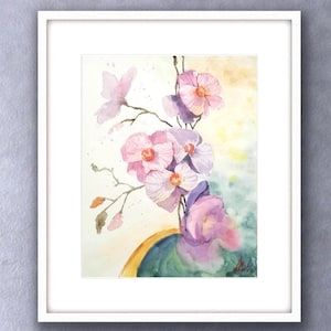 Orchid Painting Original Floral Art Hand Painted Pink Flower Watercolor Artwork 9X11" by ArtMadeIra