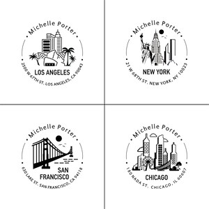 Sellos de remitente con horizonte de ciudad, sellos de ciudades famosas de EE. UU., sellos postales de Nueva York, Los Ángeles, Chicago, Dallas y Miami.