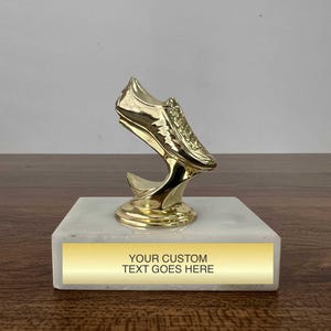 Custom Engraved Gold Running Shoe Trophy - Marathon Award on Marble Base