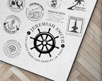 Nautical Address Stamp: Personalized Ship Wheel, Ocean Theme