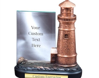 Lighthouse Trophy with Glass Plate – Custom Engraved Award | Personalized Nautical Gift, Coastal Tournament Prize