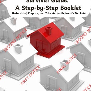 May include: A booklet titled "Pre-Foreclosure Survival Guide: A Step-by-Step Booklet." The cover shows a red house among white houses, with text like "First Notice" and "Second Notice" in red. The booklet aims to help people understand, prepare, and take action.
