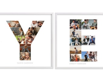 Collage de fotos con la letra E, collage de fotos del alfabeto, E entre las letras de ti, forma de foto con E, decoración de pared con arte con la letra E, marco de fotos con la letra Y