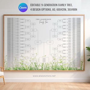 以下が含まれることがあります： 「The Harrison Family Tree」のテキストが入った、額入りの家系図。 図は9世代のデザインで、複数のボックスと線があります。 フレームは木製で、画像には「EDITABLE 9-GENERATION FAMILY TREE, 4 DESIGN OPTIONS, A0, 152x107cm, 91x122cm」の文字が含まれています。