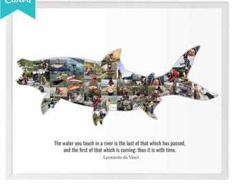 May include: A white framed wall art piece featuring a collage of various outdoor fishing photographs arranged in the silhouette of a fish. Below the fish shape, the text reads: The water you touch in a river is the last of that which has passed, and the first of that which is coming; thus it is with time. - Leonardo da Vinci.