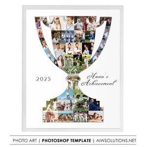 May include: A framed photo collage in the shape of a trophy, filled with action shots of children in martial arts. The collage includes the text "Hana's Achievement" and the year "2025". The frame is white.