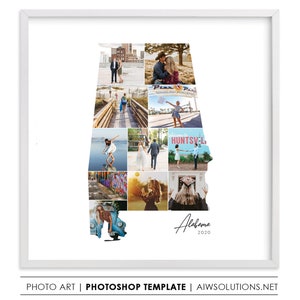 Modèle de collage photo Alabama, collage photo FAMILLE Alabama, tableau d'art Alabama, idée cadeau voyage en Alabama, collage photo États-Unis, carte de l'Alabama