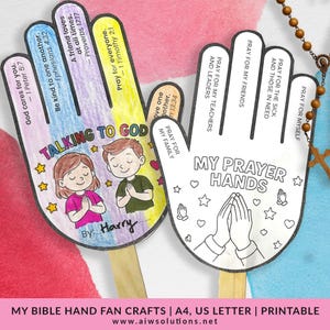 Manualidad con abanico bíblico de mis manos de oración para imprimir / Actividad cristiana para niños / Manualidad de oración para la escuela dominical / Lección bíblica para colorear, cortar y aprender