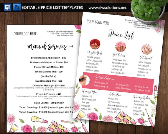 edit able service price list pricing list template specials etsy