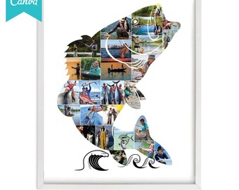 Fishing photo collage template, Fish shape, Fishing art shape template, Fishing Gifts ,Fishing Decor, Fishing Gifts for Men,Bass fish shape