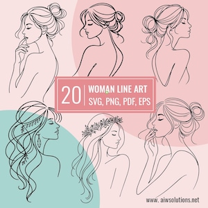 Conjunto de arte de una sola línea para mujeres: retratos femeninos florales y elegantes, dibujo lineal femenino SVG PNG / Arte floral minimalista para niñas