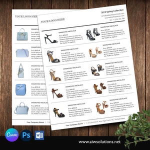May include: A product catalog featuring a collection of women's shoes and handbags. The catalog includes a variety of styles, including sandals, heels, and purses. The catalog is printed on white paper and features a simple, modern design.