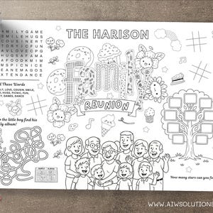 Family reunion coloring placemat, family reunion placemat, family gathering coloring page, kids activity placemat , family reunion kids