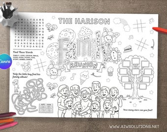 Family reunion coloring placemat, family reunion placemat, family gathering coloring page, kids activity placemat , family reunion kids