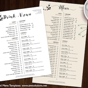 Szablony menu drinków, szablon menu restauracji do druku, szablon menu weselnego, szablon menu jedzenia, szablon menu baru DIY, szablon menu baru