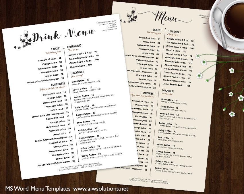 Drink Menu Templates, Printable Restaurant Menu Template, Wedding Menu Template, Food Menu Template,diy Bar Menu Template ,bar Menu Template - Etsy for Downloadable Free Printable Drink Menu Template