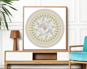 May include: A framed print of a circular family tree chart with names and dates in a light blue, gray, and yellow color scheme. The chart is displayed on a white wall above a wooden entertainment center.