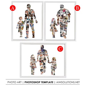 May include: Three white picture frames with black mounts, each containing a photo mosaic of a family. The mosaic is made up of smaller photos of people, forming the shape of a father and two children holding hands. The frames are labelled A, B, and C.