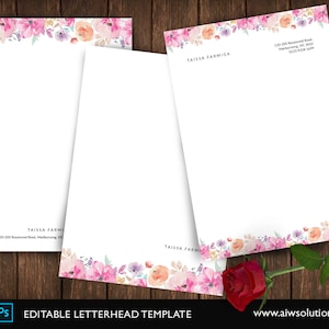 Plantilla de membrete personal, papelería romántica, identidad corporativa, membrete simple, membrete elegante, membrete floral acuarela