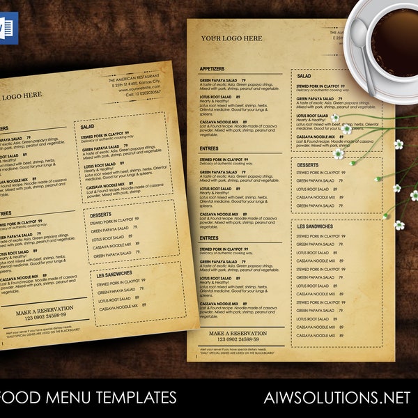 Canva Vintage Food Menu Templates, Printable Restaurant Menu Template, Canva Menu Template, Food Menu Template ,bar menu template