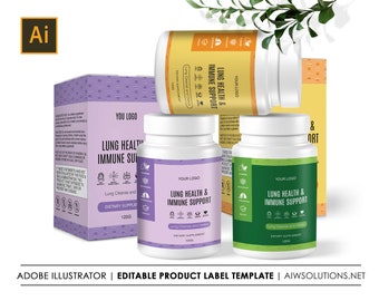 Canva Supplement label and box template,Custom supplement labels,Vitamin label template, Health supplement packaging,Packaging Template