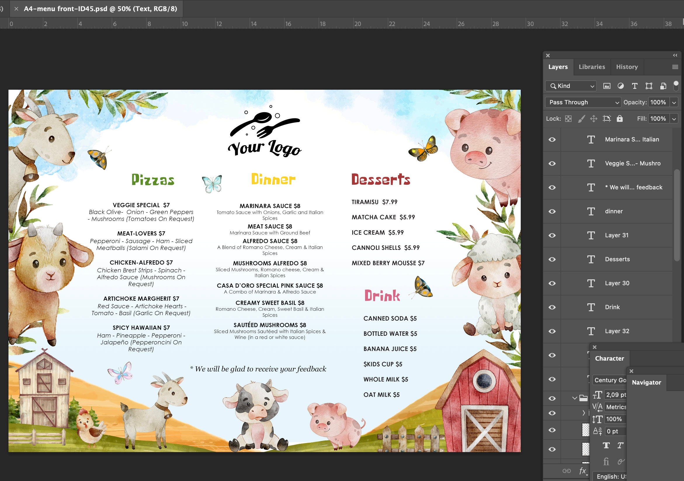 Cute Farm Animals Kid's Menus,children's Activity Placemats for