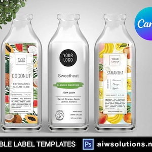 Canva juice bottle label template, smoothie label template, drink label template, fruit juice label template , veggie juice  label template